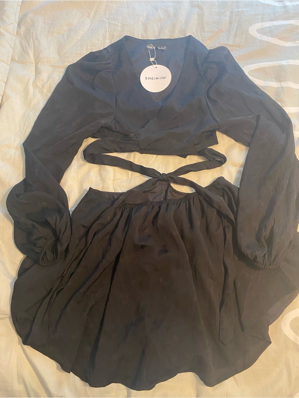 SHEIN Black Long Sleeve Wrap Mini Dress with Tie Waist